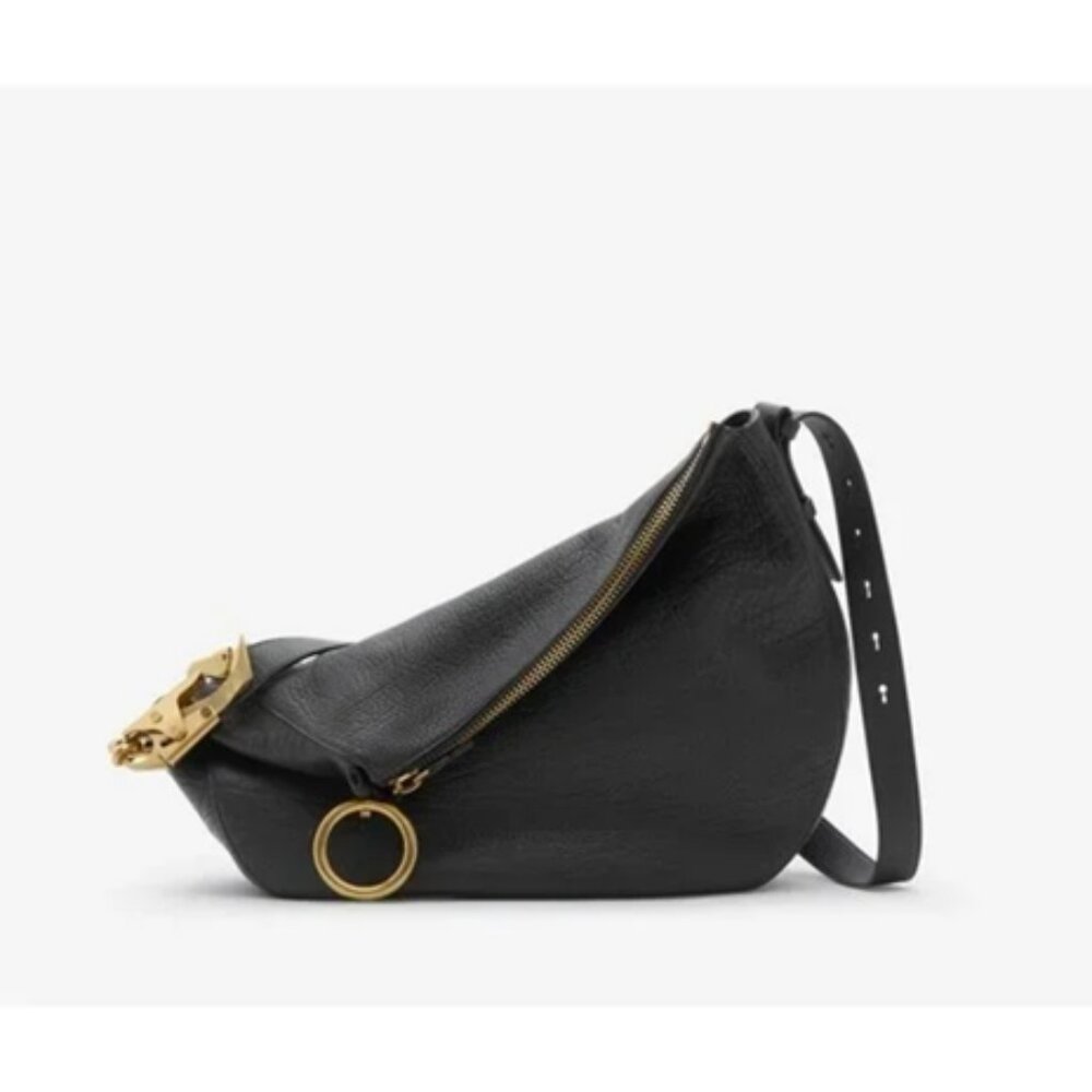 Burberry Medium Knight Hobo Grainy Leather Shoulder Bag Black 8075255